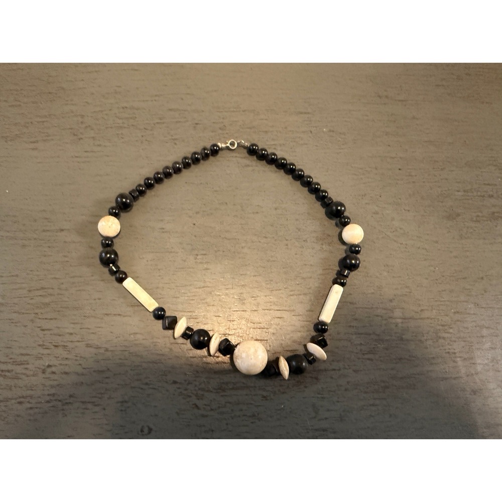 Vintage Black Cream Beaded Necklace Geometric Multi Shape Handcrafted 18 Inch